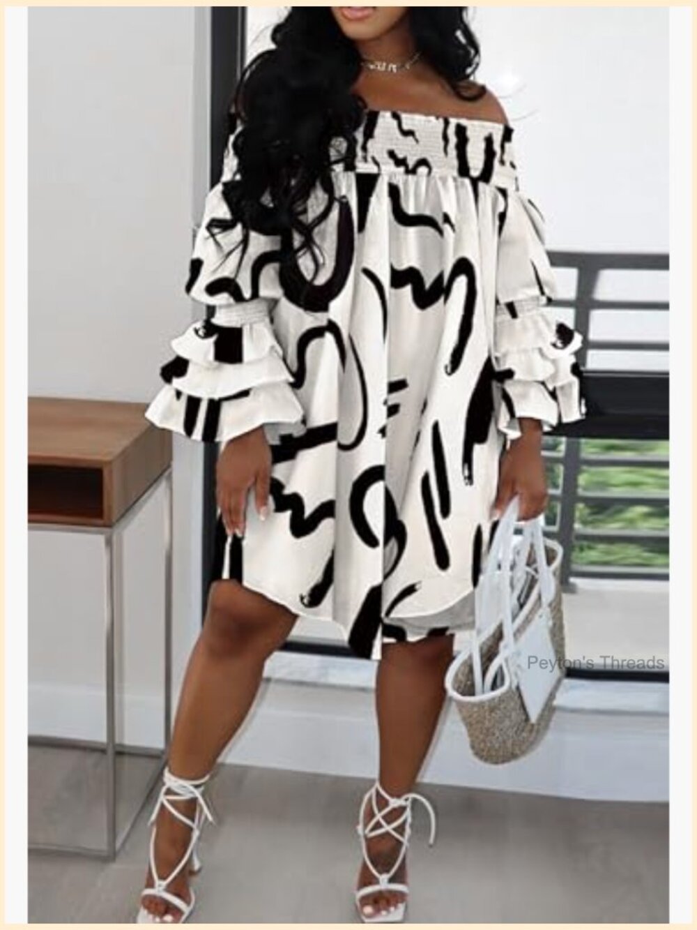Off Shoulder A-Line Midi Dress with Ruffle Sleeve Pleated Sundress - Picture 3 of 5